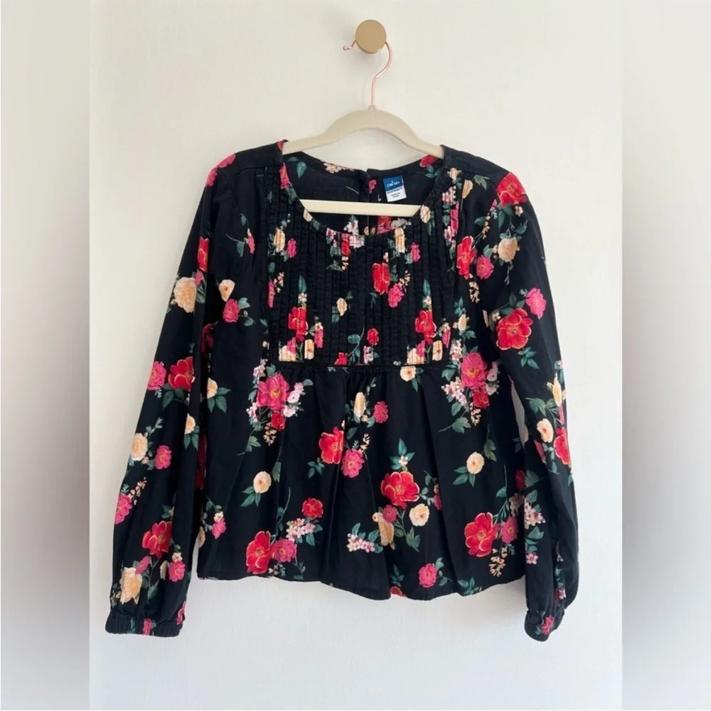 Old Navy Black Floral Long Sleeve Swing Top, Red & Cream Blooms | Girl L (10-12)